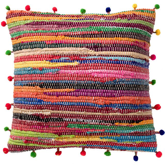 Recycled Rag Rug Cushion with Pom Poms - CCRRPP - Uneeka