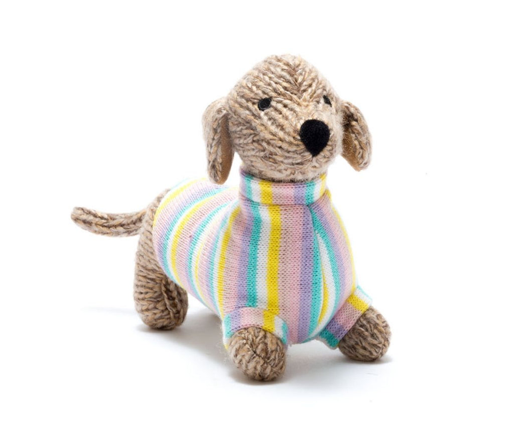 Medium Knitted Sausage Dog Soft Toy Pastel Stripe Jumper