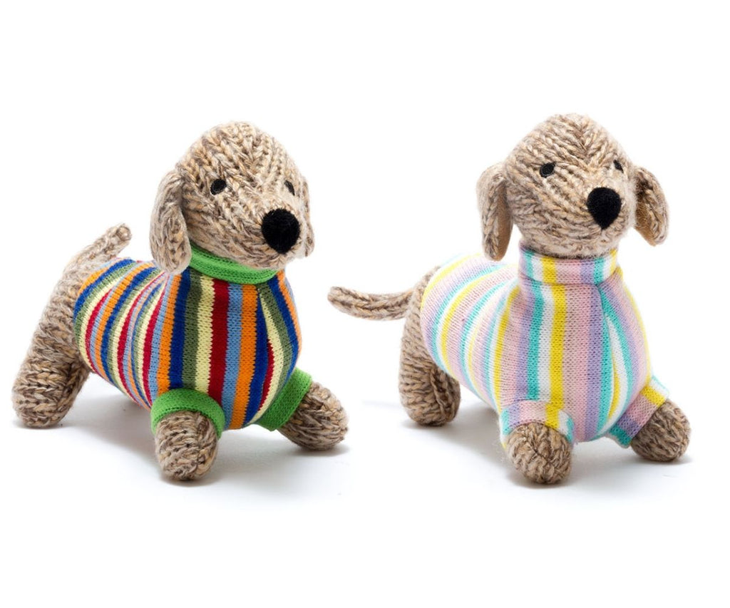 Medium Knitted Sausage Dog Soft Toy Bold tripe and Pastel Stripe Jumper