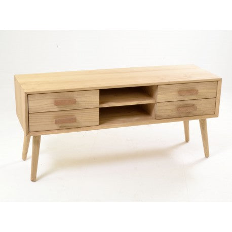 White teak media unit with four drawers and two open shelves