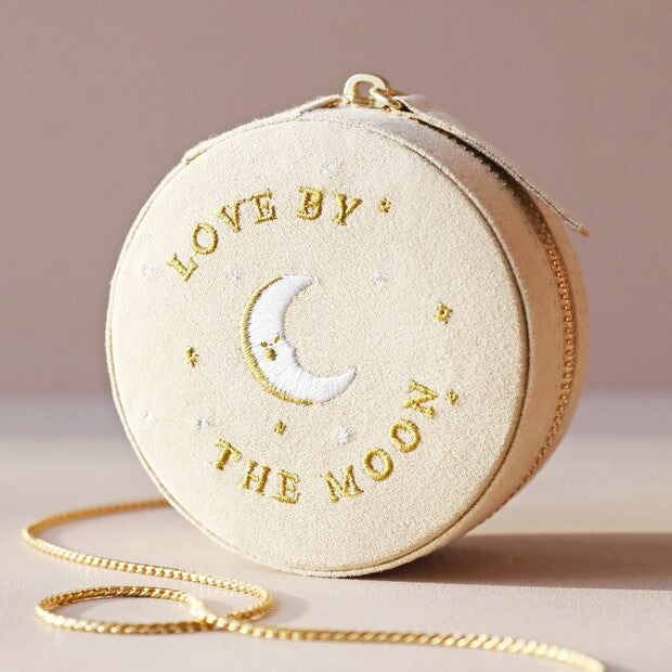 Beige Sun & Moon Embroidered Round Jewellery Case