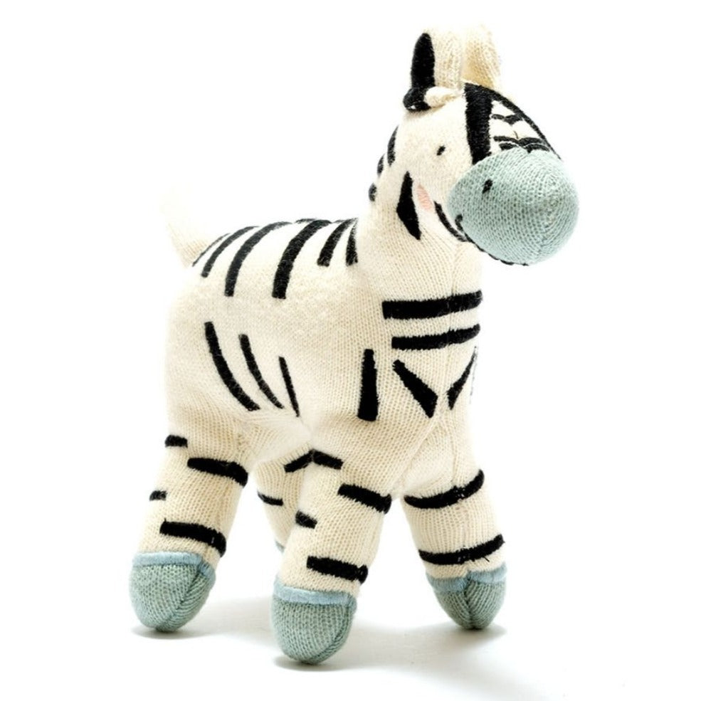 Baby Knitted Organic Cotton Zebra, subtle mint green feet and mouth